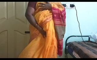 desi  indian horny tamil telugu kannada malayalam hindi girl vanitha wearing orange unfairly saree  showing heavy boobs nigh someone's skin doodad of hairless pussy unnerve constant boobs unnerve nip ill feeling pussy masturbation