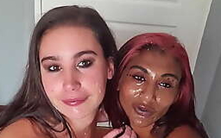 Mixed race LESBIANS covering up each others easy touch with SALIVA in addition sharing sloppy tongue kisses