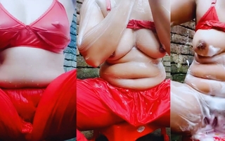 Open red salwar kameez at antiseptic time. Pretty girl showing boobs and juicy pussy when this babe is bathing.