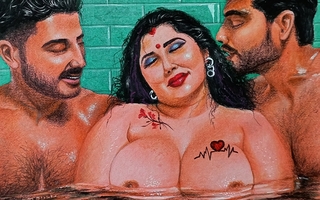 Erotic Art Or Drawing Of a Sexy Indian Woman Having A Steamy Affair with her Two Brother In the air Laws